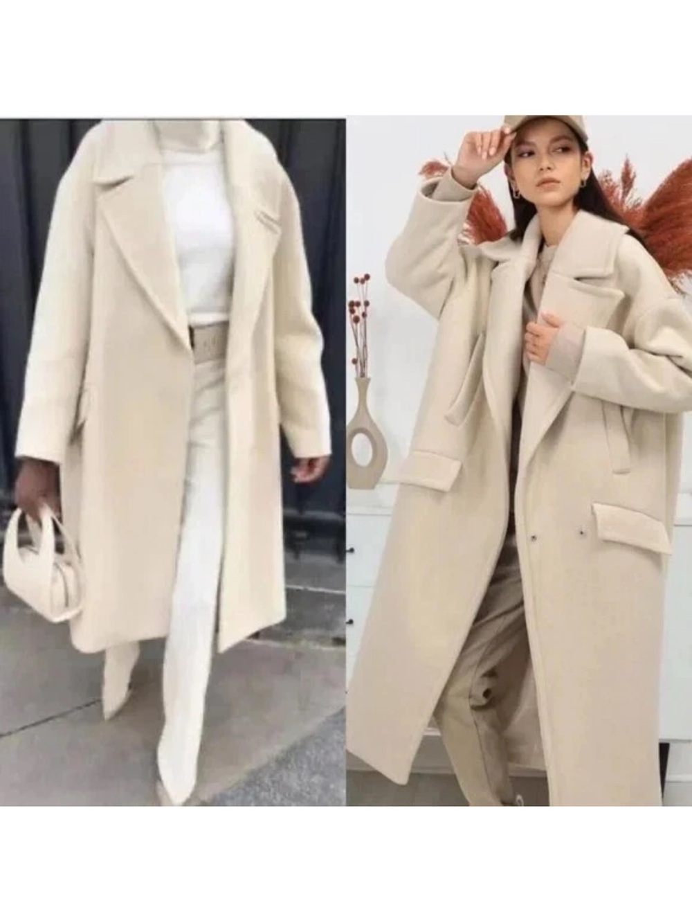 Zara Cream Long Wool-Blend Coat